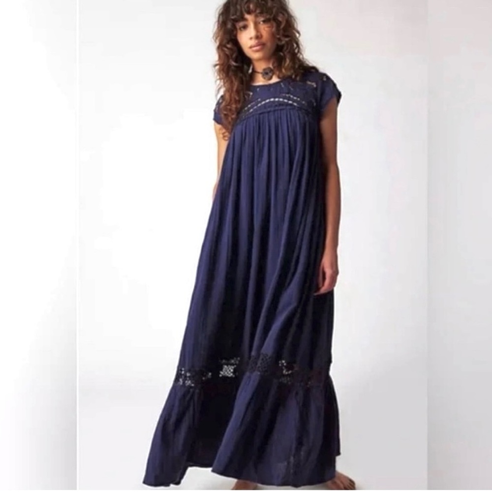 FREE PEOPLE Cutwork Tee Maxi Dress NEW Size XS Evening Eclipse Midnight Blue - Picture 11 of 11